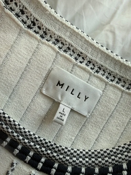 Milly white black striped vertical texture fit & flare dress sz L large mini - Picture 6 of 6